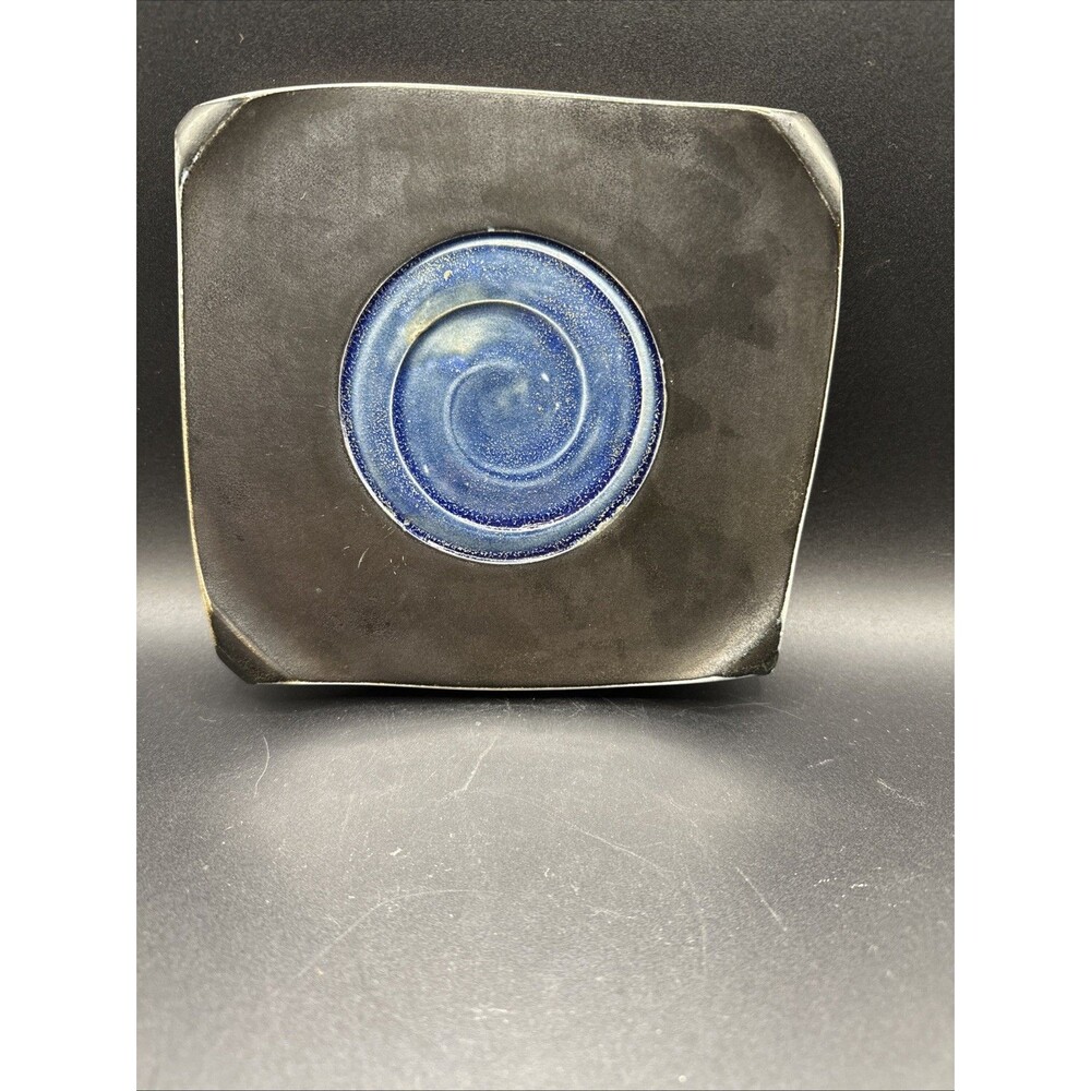 Studio Art Pottery 6" Square Tray Blue Glaze And Matt Grey Signed